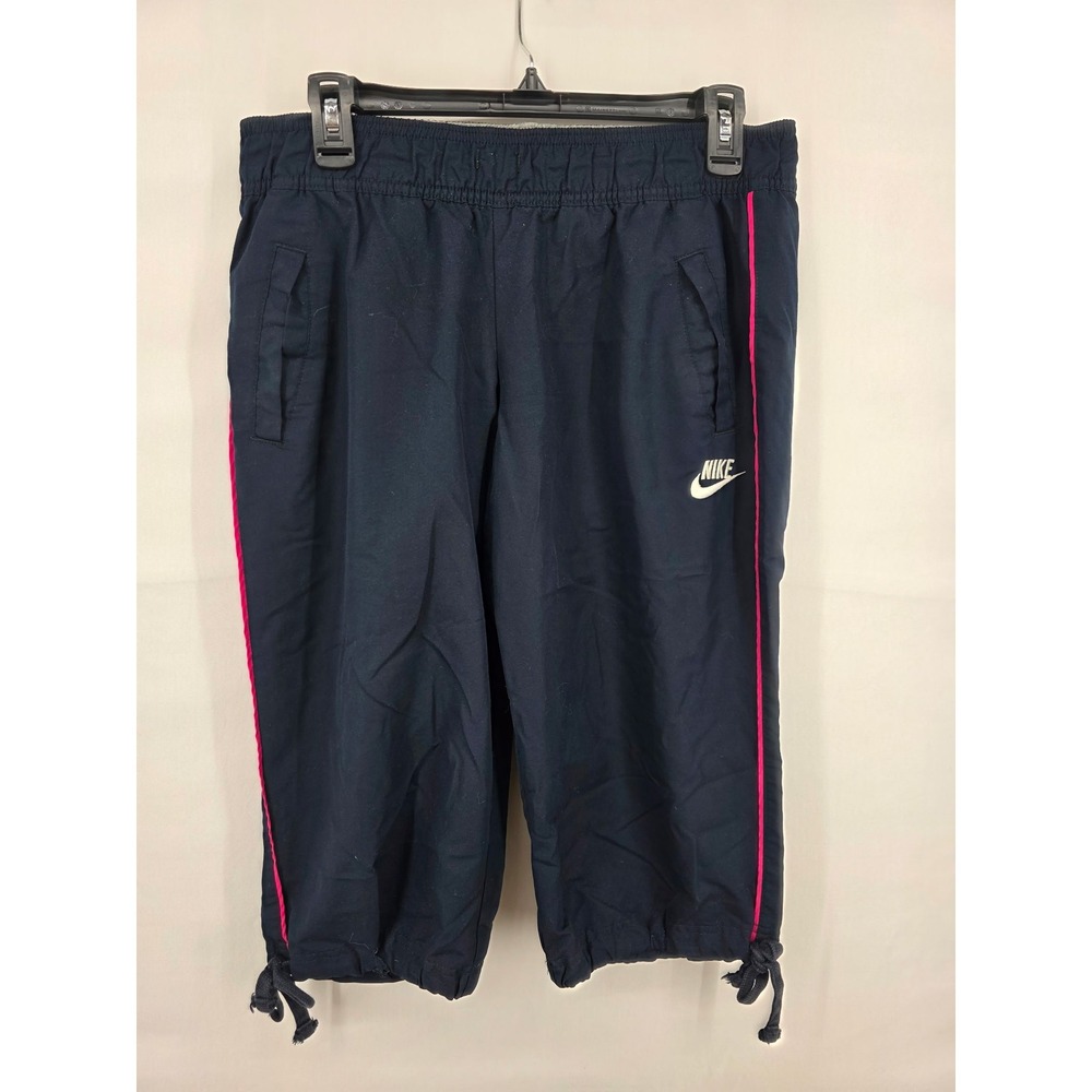 Nike Sportswear Womens Navy Blue Pink Stripe Cropped Track Pants Size Medium